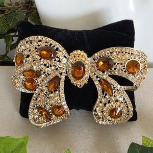 Vintage Laege Statement Gold Topaz Bow Brooch Pin